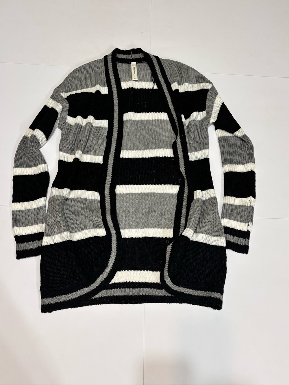 B&B Boutique Striped Open-Front Cardigan Sweater - Black, Gray & White